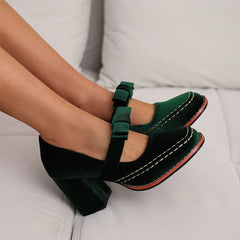 LIZAKOSHT  -  Plus Size 33-48 Retro Burgundy Elegant Office Lady Mary Janes Pumps Vintage Green Square High Heels Shoes with Bow Tie