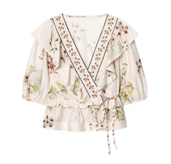 LIZAKOSHT  -  BOHO Light Pink Floral Print Tie Bow Sashes Wrap Shirt Short Women V neck Puff Sleeve Wood ears Waist Kimono Blouse Holiday Cape
