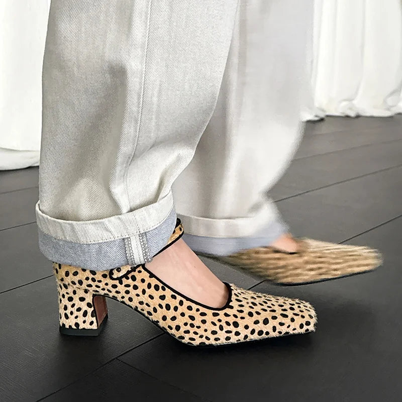 LIZAKOSHT  -  Fashion Pumps High Quality Square Head Shallow Mouth Thick Heel Leopard Pattern High Heels Mary Janes Women Heels Shoes