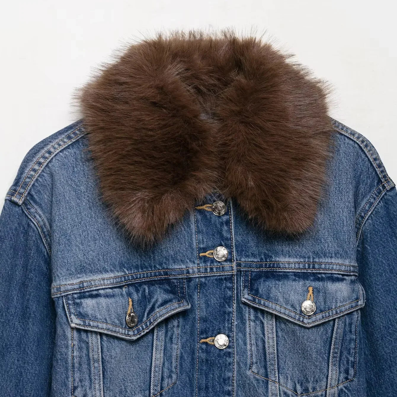 LIZAKOSHT  -  Women Blue Denim Jacket With Brown Faux Fur Collar Full Sleeve Button Front Cropped Casual Outerwear 2025 Autumn Lady Streetwear