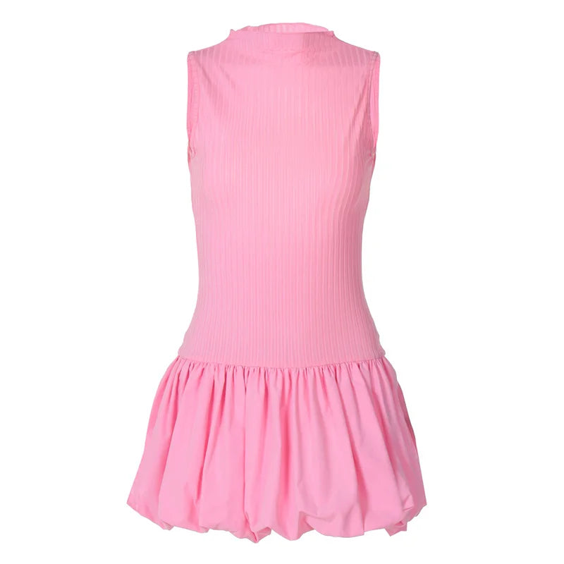 LIZAKOSHT  -  Bubble Dress Women Summer Solid Color Round Neck Sleeveless Ribbed Mini Dress y2k Clothes Going Out Party Dresses