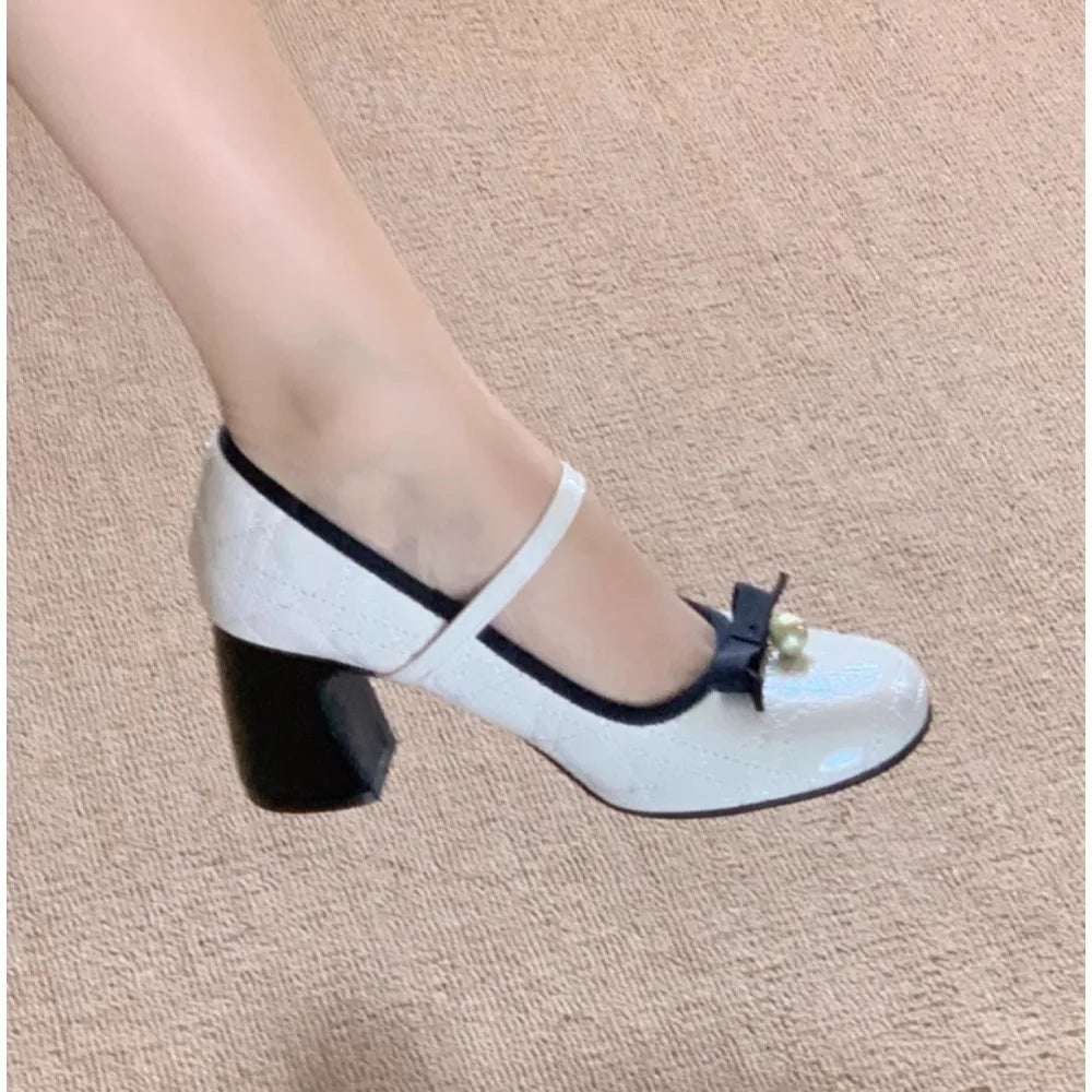LIZAKOSHT  -  New Thick Heel Mary Jane Shoes Women's Spring Light Mouth High Heels Bow Single Shoes Elegant Pearl Embellished Heels Pumps