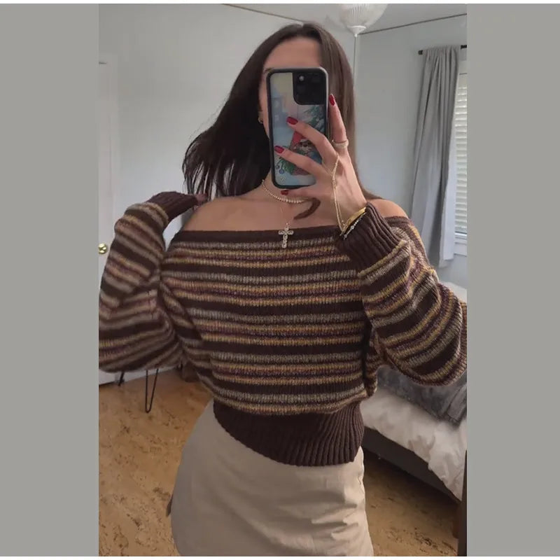 LIZAKOSHT  -  Women's Striped Off-Shoulder Cropped Knit Sweater Full Sleeve Waist Cinching Top 2026 Spring Autumn Female Daily Casual Outings