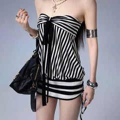 LIZAKOSHT  -  New Euramerican Fashion High Street Strapless Summer Dress Y2k Constrast Colorstriped Casual Streetwear Drawstring Bodycon Dress