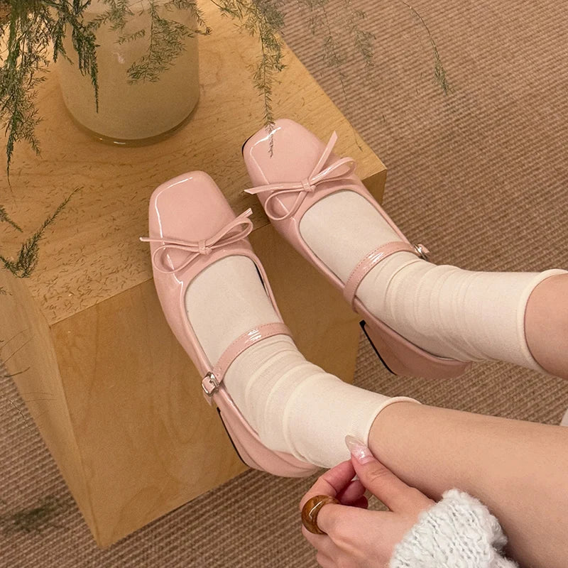 LIZAKOSHT  -  Patent Leather Women Mary Jane Shoes Fashion Shallow Butterfly-knot Shoes Spring Autumn Wedding Party Shoes
