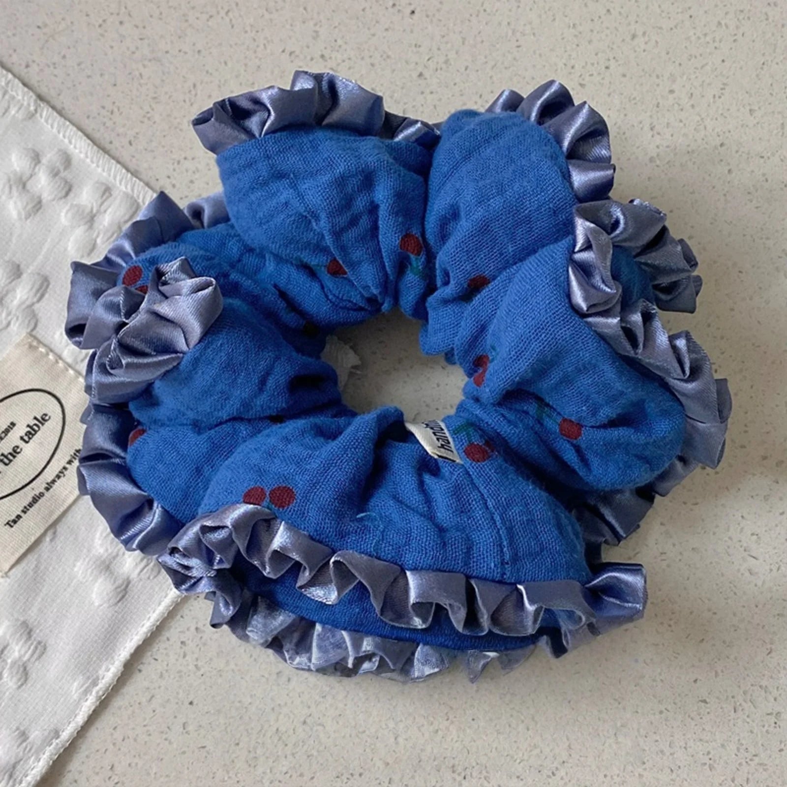 LIZAKOSHT  -  1PC Navy Blue Baby Cotton Gauze Fabric Small Cherry Hair Scrunchie - Ruffled Hair Accessory & Hair Tie for Ponytails