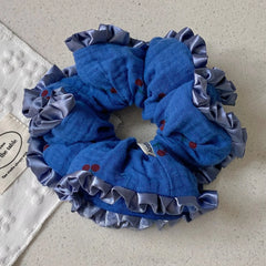 LIZAKOSHT  -  1PC Navy Blue Baby Cotton Gauze Fabric Small Cherry Hair Scrunchie - Ruffled Hair Accessory & Hair Tie for Ponytails