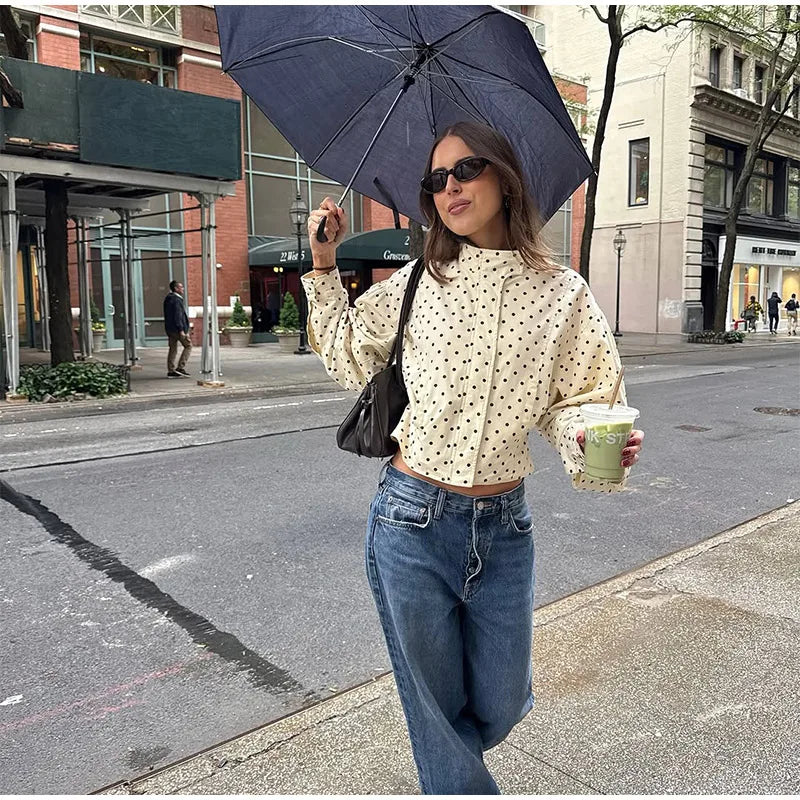 LIZAKOSHT  -  Polka Dot Lantern Sleeve Jackets Women High Collar Oversized Cropped Coats 2025 Lady Casual New Chic Commute Street Outerwear