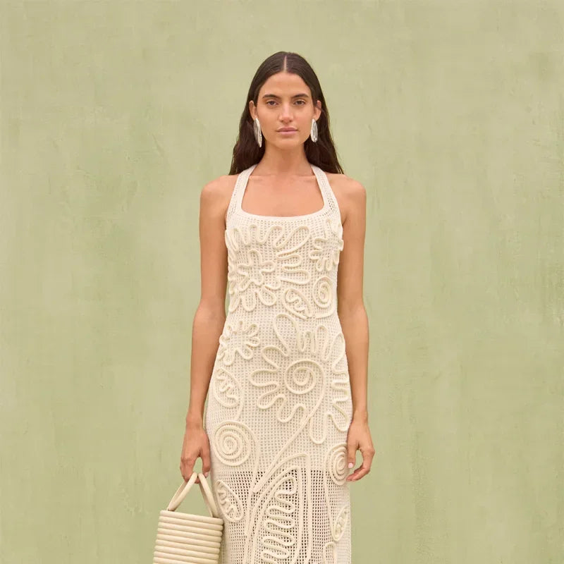 LIZAKOSHT  -  Elegant Vacation Style Solid color Knitted Patterns Dress Women Sleeveless Backless Slim Dresses 2025 New Lady Street Clothing ﻿