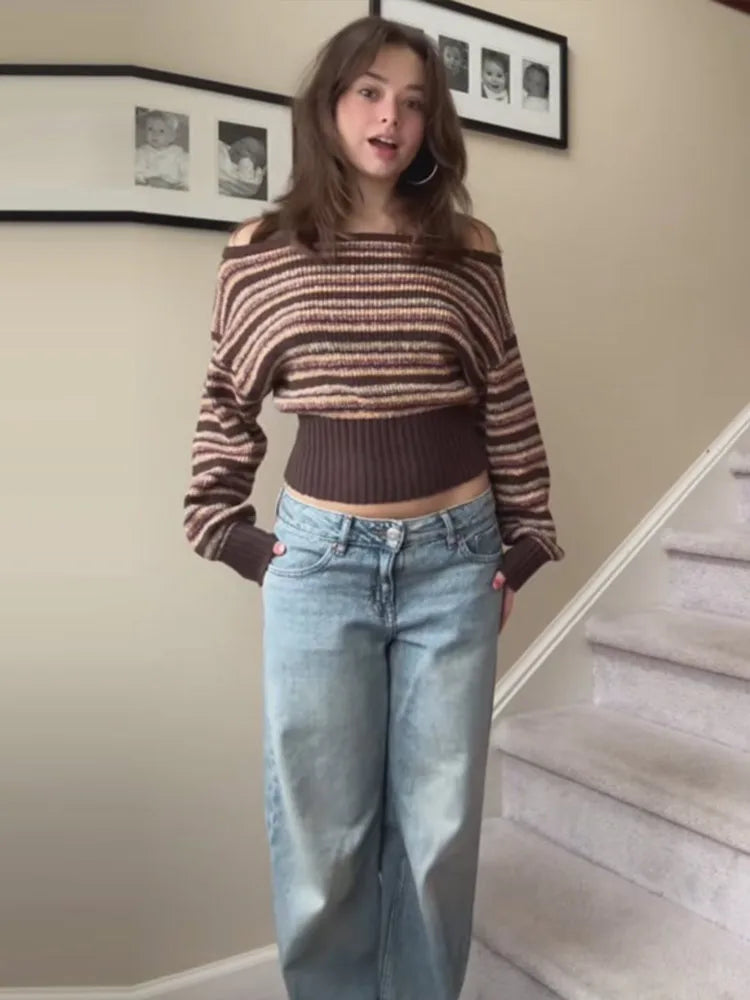 LIZAKOSHT  -  Women's Striped Off-Shoulder Cropped Knit Sweater Full Sleeve Waist Cinching Top 2026 Spring Autumn Female Daily Casual Outings