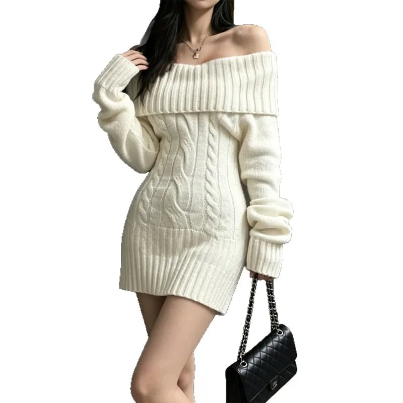  LIZAKOSHT  -  Women Off Shoulder Foldover Collar Cable Knit Sweater Dress Long Sleeve Slim Bodycon Mini Dress Fall Winter Knitted Party Dress