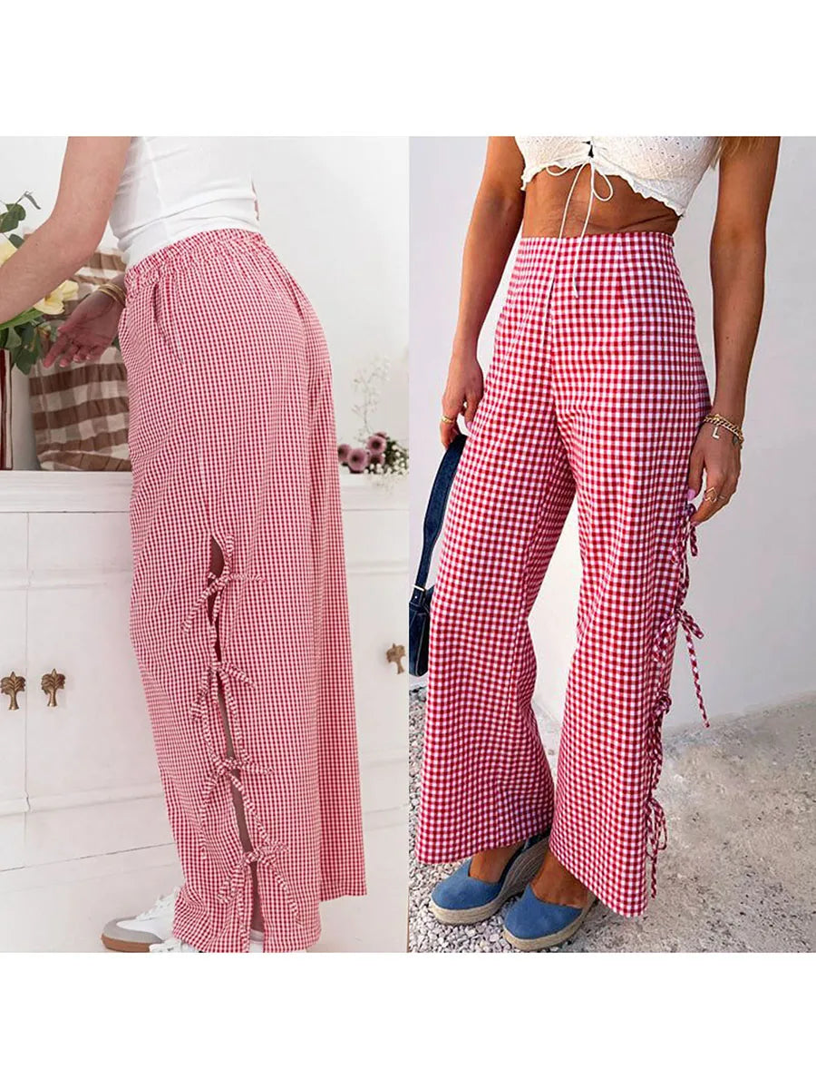 LIZAKOSHT  -  Women Wide-Leg Pants Plaid Side Tie-Up Hollow-Out Loose Trousers Spring Summer Casual Sweatpants Bottoms Leisure Daily