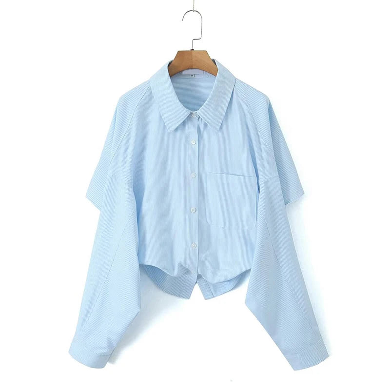 LIZAKOSHT  -  Spring 2024 Women Blue Striped Short Shirt Blouse Sexy Backless Lapel Streetwear Ladies Shirts  Batwing Sleeve Blusas Mujer