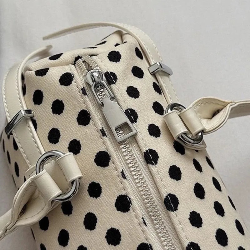 LIZAKOSHT  - Y2k Polka Dot Cylindrical Handbag Ins Trendy Personality Elegant Retro Glossy Leather Exquisite Small Capacity Daily Commuting