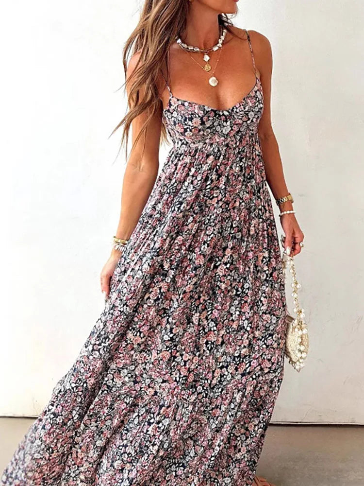 LIZAKOSHT  -  Women Elegant Floral Print Sling Dress Sexy Off Shoulder Backless Long Pleated Party Dress Fashion Hight Waist Swing Bohe Dress