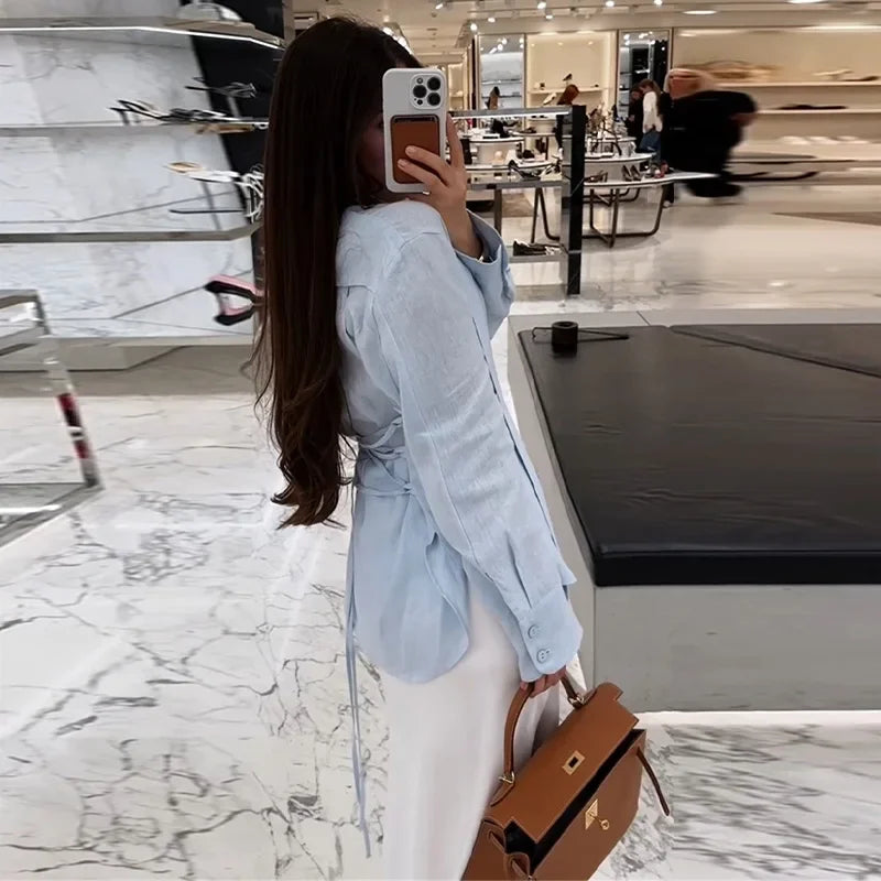 LIZAKOSHT  -  Casual Women's Lace Up Shirts Long Sleeve Solid Waist-Closed Button Lady Blouse 2025 Fall Fashion Female Streetwear New