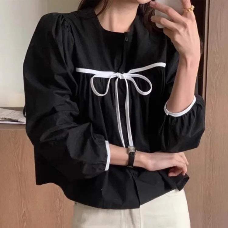 LIZAKOSHT  -  Korean Fashion Casual All-match Blusas Mujer 2025 Summer New Black Blouses  Y2k E-Girl O-neck Bow Lace Up Shirts Women