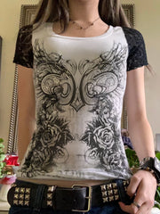 LIZAKOSHT  -  Contrasting Printed Raglan T-shirt Women's Summer Y2K Hot Girls Casual Tight Fitting O-neck Top Fashion Female Clothes