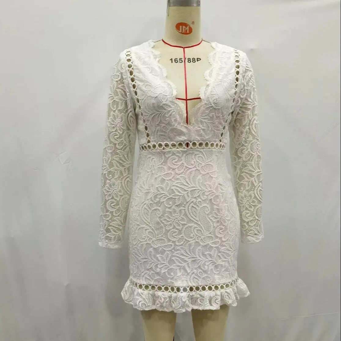 LIZAKOSHT  -  Sexy V neck Long Sleeve Short Robe Women Hollow Out Hole Spliced White Flower Lace Mini Dress