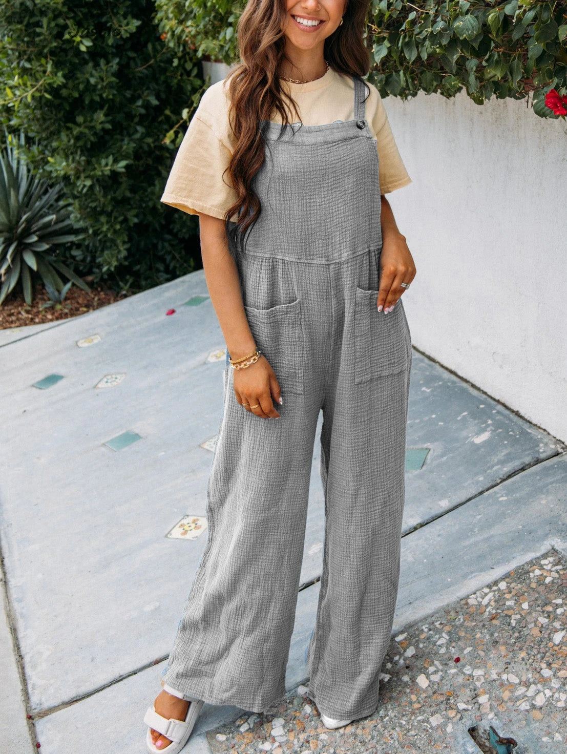 LIZAKOSHT  -  2024 Women's Spring Summer Casual Loose Jumpsuit Cotton Wrinkled Double Patch Wide Leg Pant Vacation Suspenders Trouser
