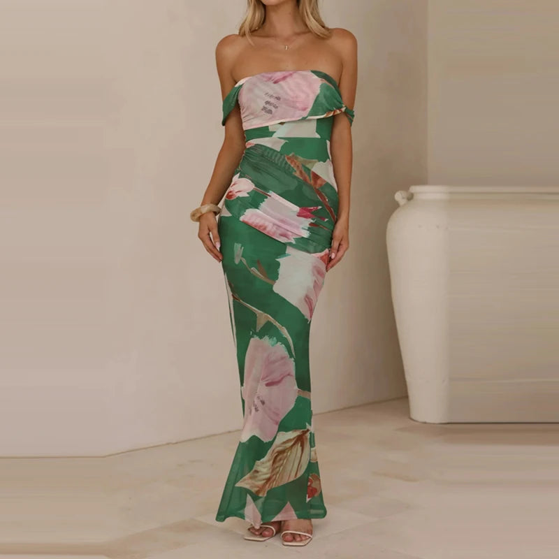 LIZAKOSHT  -  Pattern printed women's temperament slim fit dress casual vacation elegant off shoulder fashion party long dress
