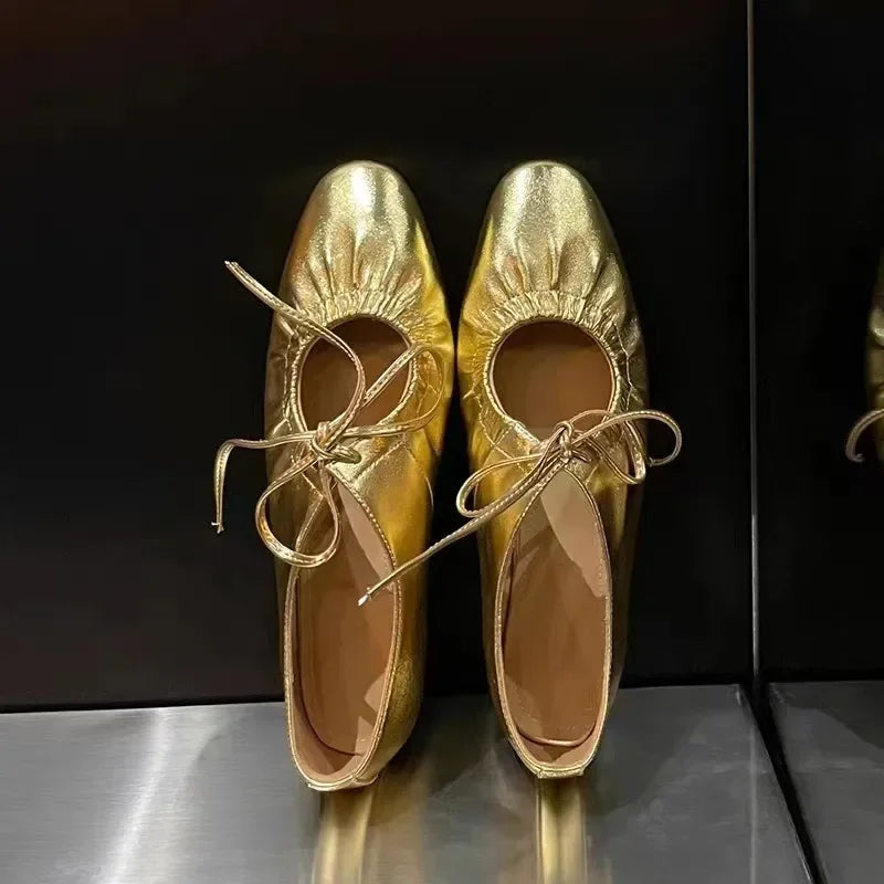 LIZAKOSHT  -  Spring/Summer Women Shoes Ballet Flats Ladies Leather Shoes Girl New Narrow Band Silver Flats Bling Bling Gold Round Loafer