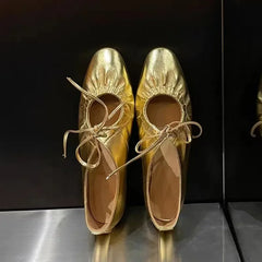LIZAKOSHT  -  Spring/Summer Women Shoes Ballet Flats Ladies Leather Shoes Girl New Narrow Band Silver Flats Bling Bling Gold Round Loafer