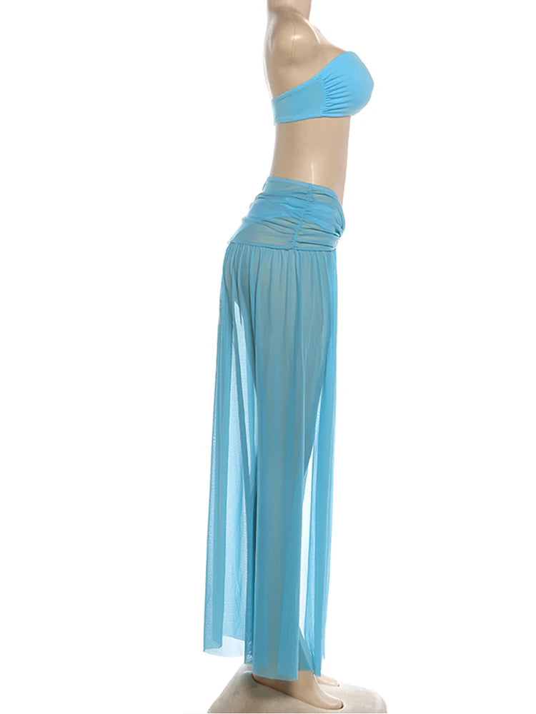 LIZAKOSHT  -  Women Sexy 3 Piece Set Metal Buckle Bow Bra+Shorts+Mesh Ruched Slit See Through Skirts Beach Vacation Party Clubwear