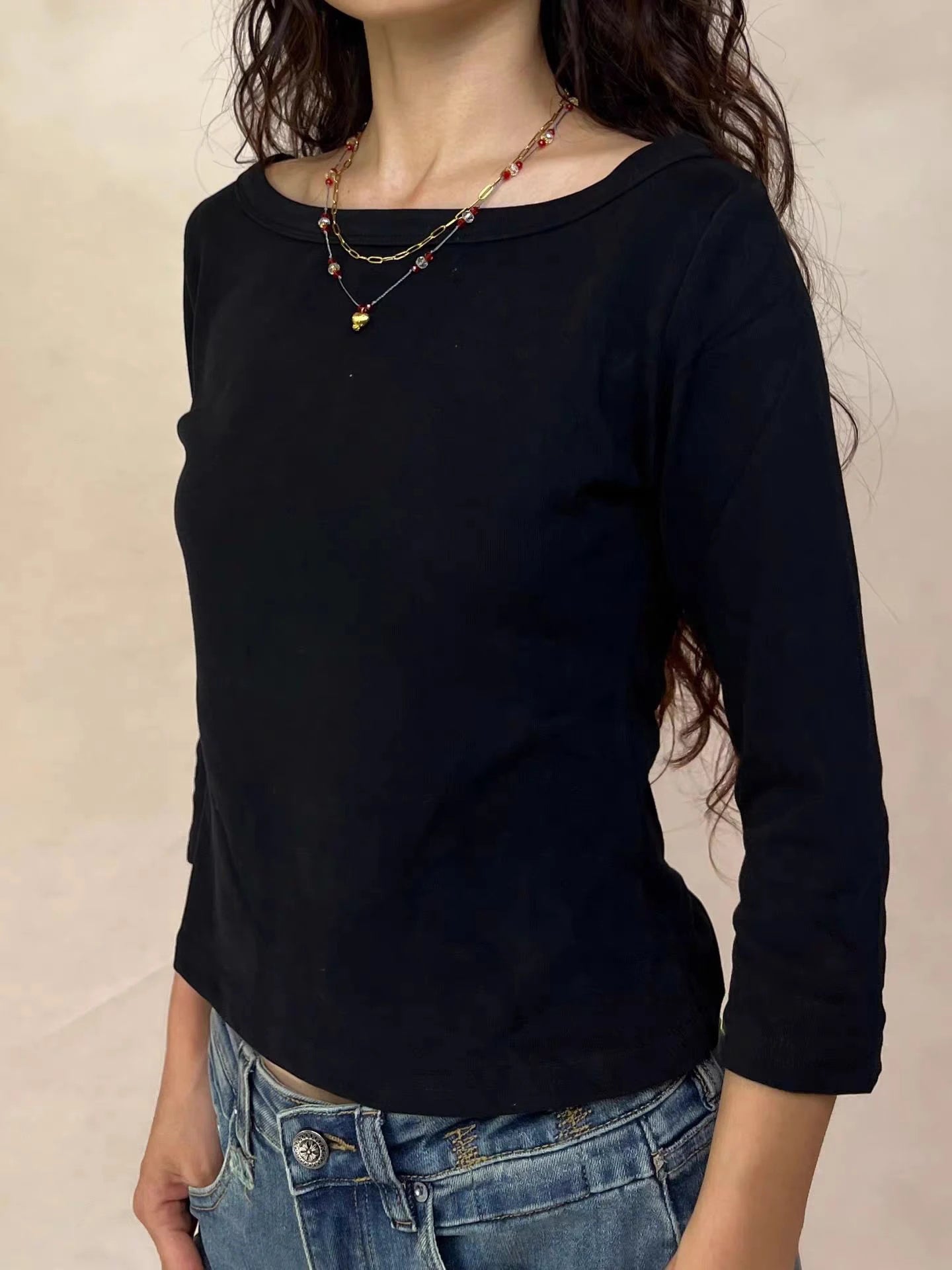LIZAKOSHT  -  Solid Basic Three Quarter Sleeve T-shirts Woman Autumn Slash Neck Cotton Slim Crop Top Female Casual Simple All-match Tee Shirts