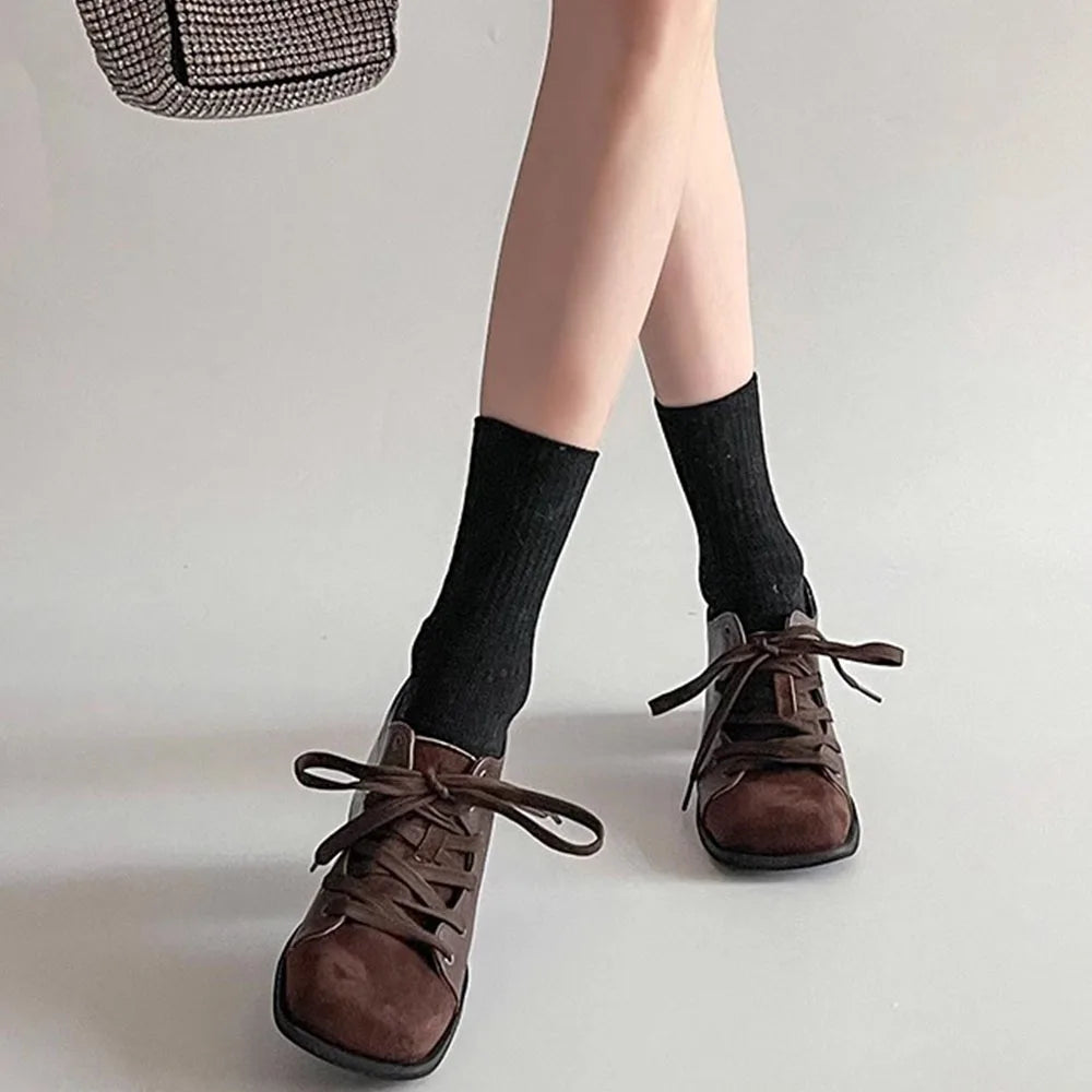 LIZAKOSHT  -  Vintage Brown maillard Style Casual Pumps Square Toe Patchwork Block Heels Lace-up Shoes Women