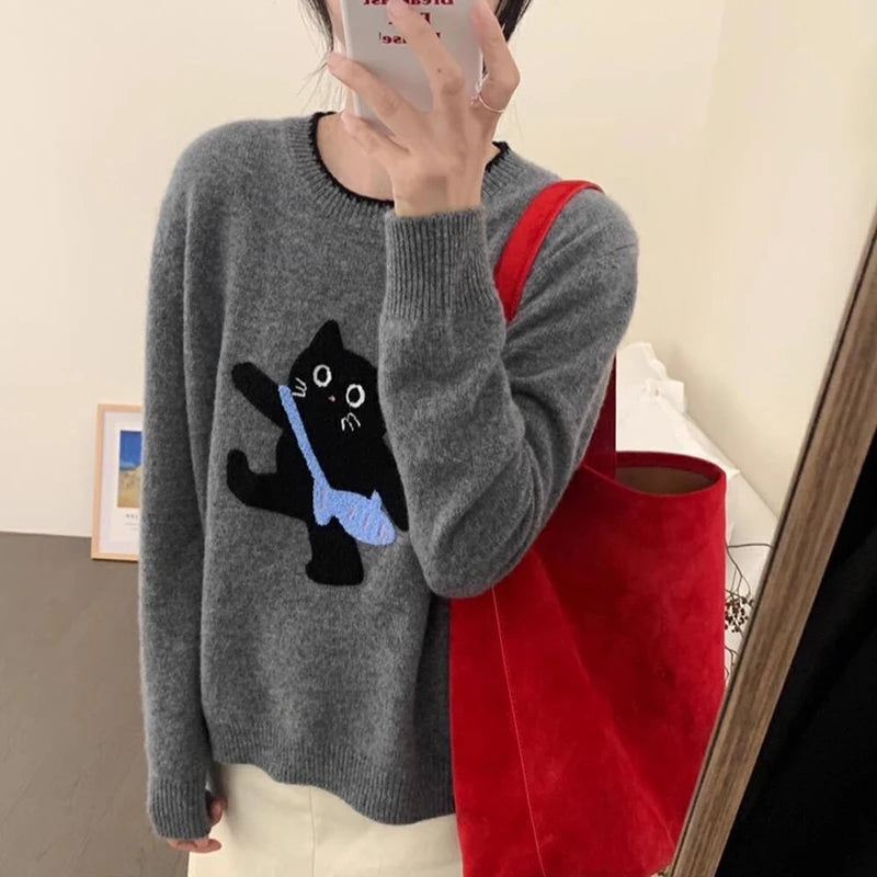 LIZAKOSHT  -  Cartoon Cat Sweater Women Kawaii Cute Print Knitted Pullovers Harajuku Korean Long Sleeve Knitwear Winter Red Jumpers New