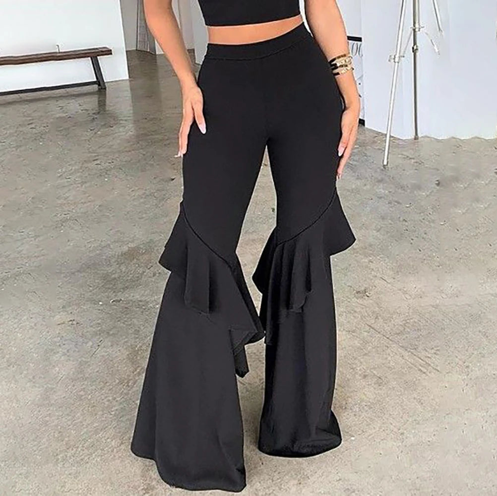 LIZAKOSHT  -  Summer Women Long Pants Fashion Solid Color Ruffle Flared Pants Streetwear Causal Daily Female Trousers Large Size S-3XL