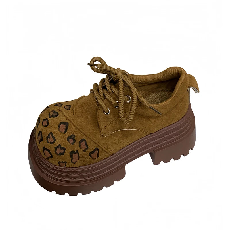 LIZAKOSHT  -  Thick Soled Height Increasing Vulcanized Shoes Women, Leopard Print Lace Up Round Toe, Four Season Plus Size Single Shoes Women