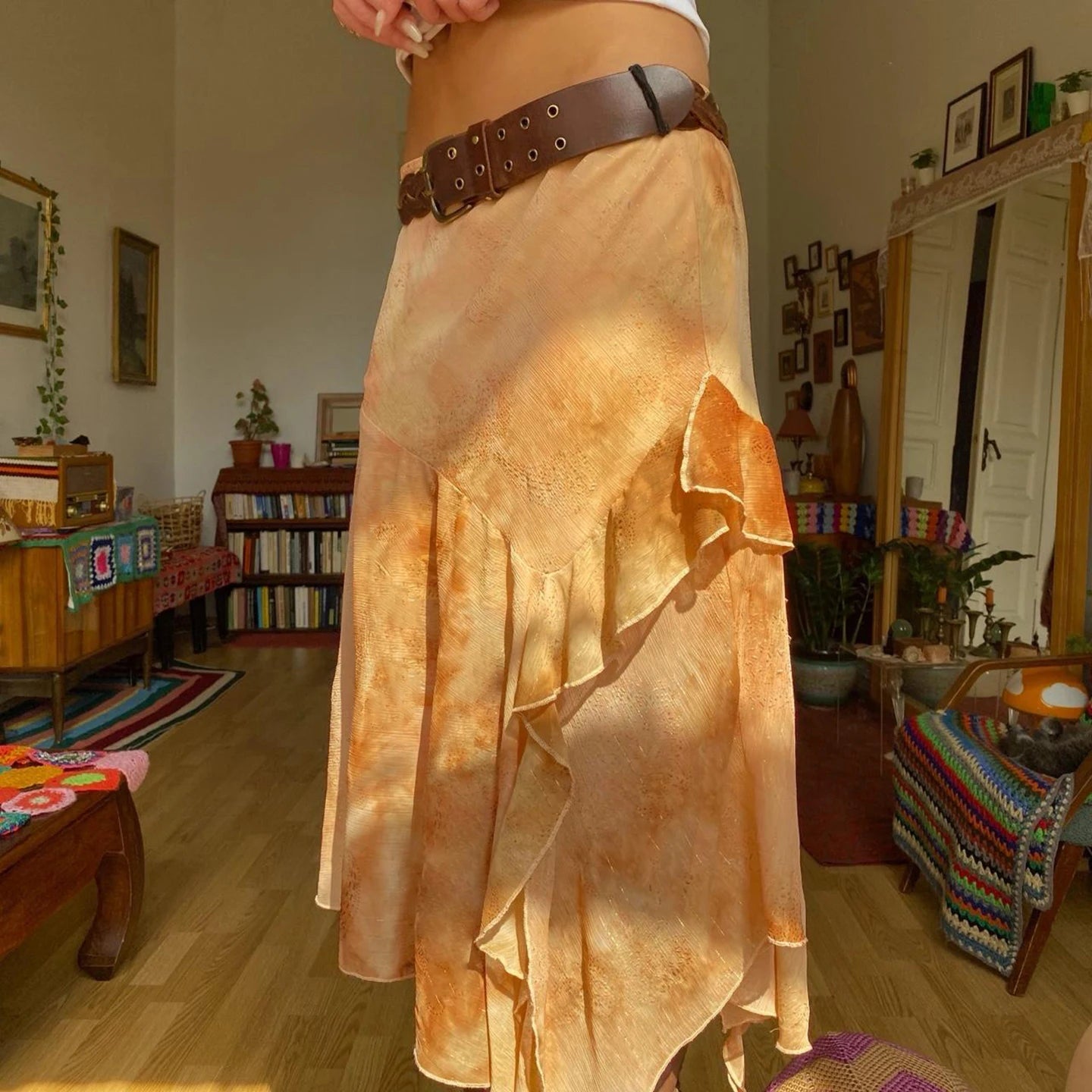 LIZAKOSHT  -  Vintage Smudged  Print Chiffon Skirt Harajuku Women Low-waist Asymmetrical Skirt Summer Clothes Boho Vacation wear 2026