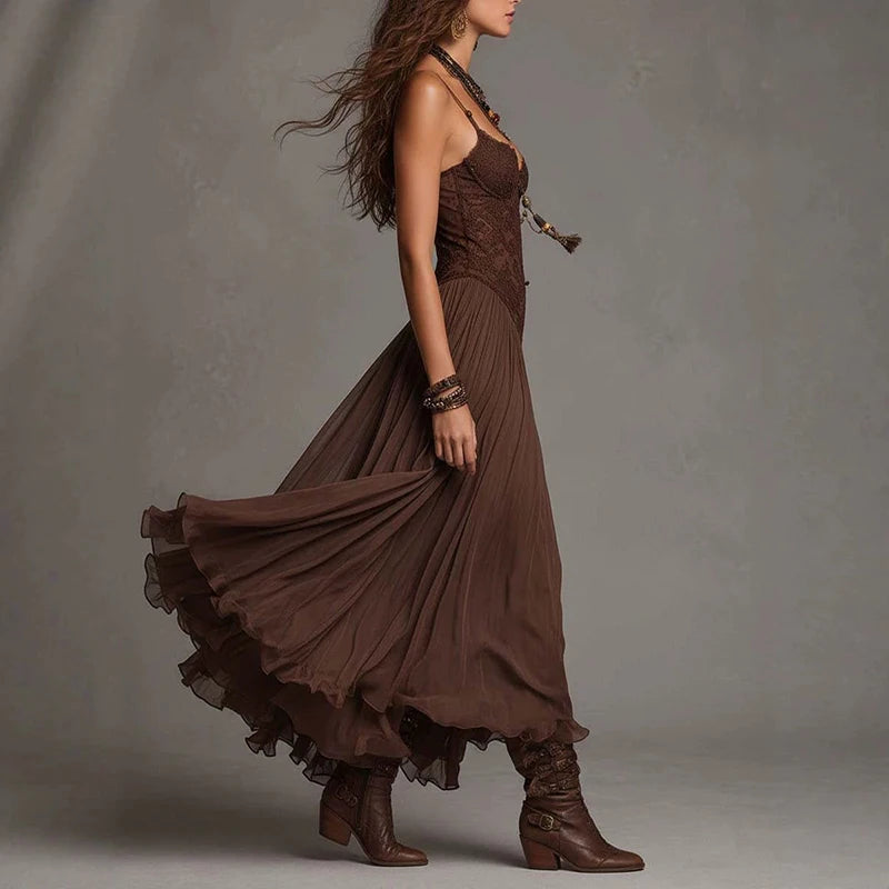LIZAKOSHT  -  Sexy Straps Backless Irregular Dress Elegant Lace Splice Sleeveless Slim A-Line Dress Retro Solid Off Shoulder High Waist Dress