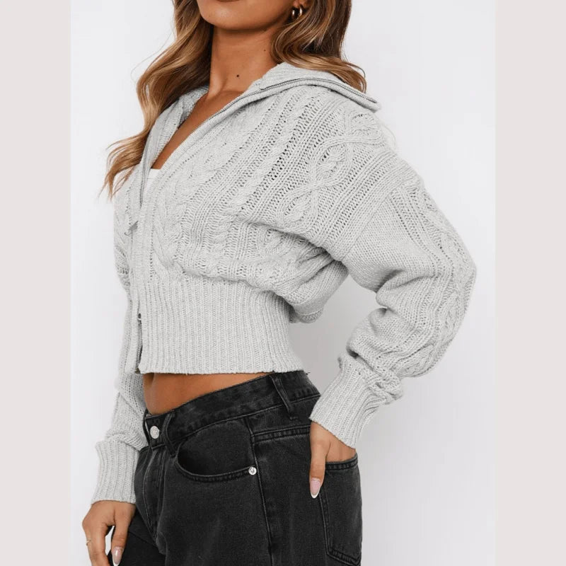 LIZAKOSHT  -  Autumn Winter Women Solid Color Knit Jacket Sweater Long Sleeve Short Coat Zipper Front Lapel Casual Office Fashion