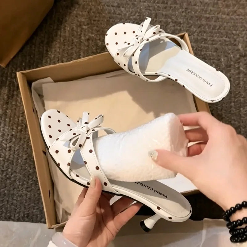 LIZAKOSHT  -  Street Style Satin Butterfly-knot Women Slippers Fashion Polka Dot Thick Heels Party Dress Slide Ladies Summer Polka Dot Shoes