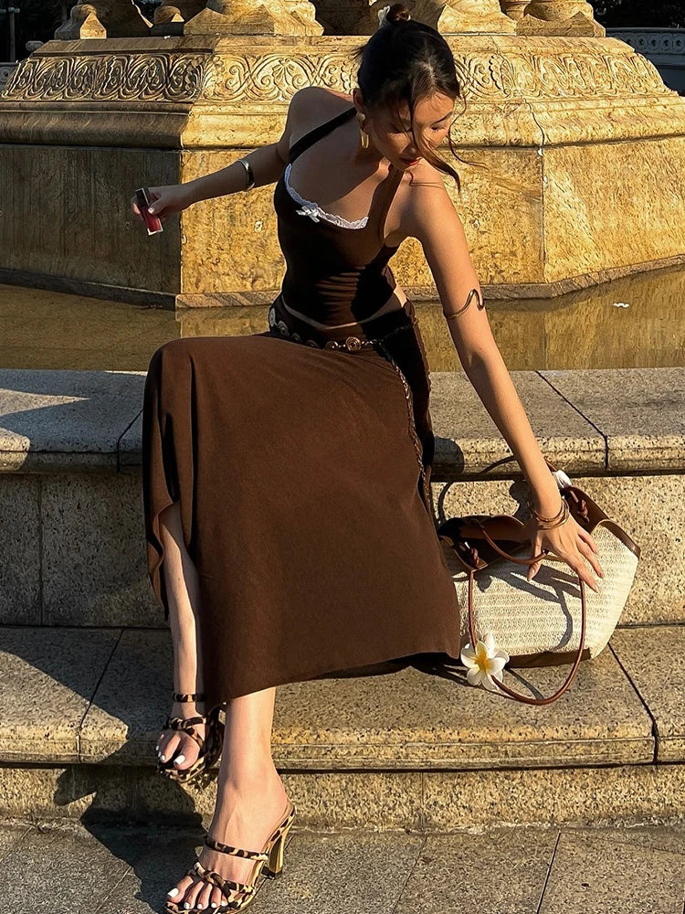 LIZAKOSHT  -  Puss Sexy Summer 2Piece Set Women Y2K Patchwork Lace Halter Backless Sleeveless Tops+Irregular Hem Skirts Matching Suits