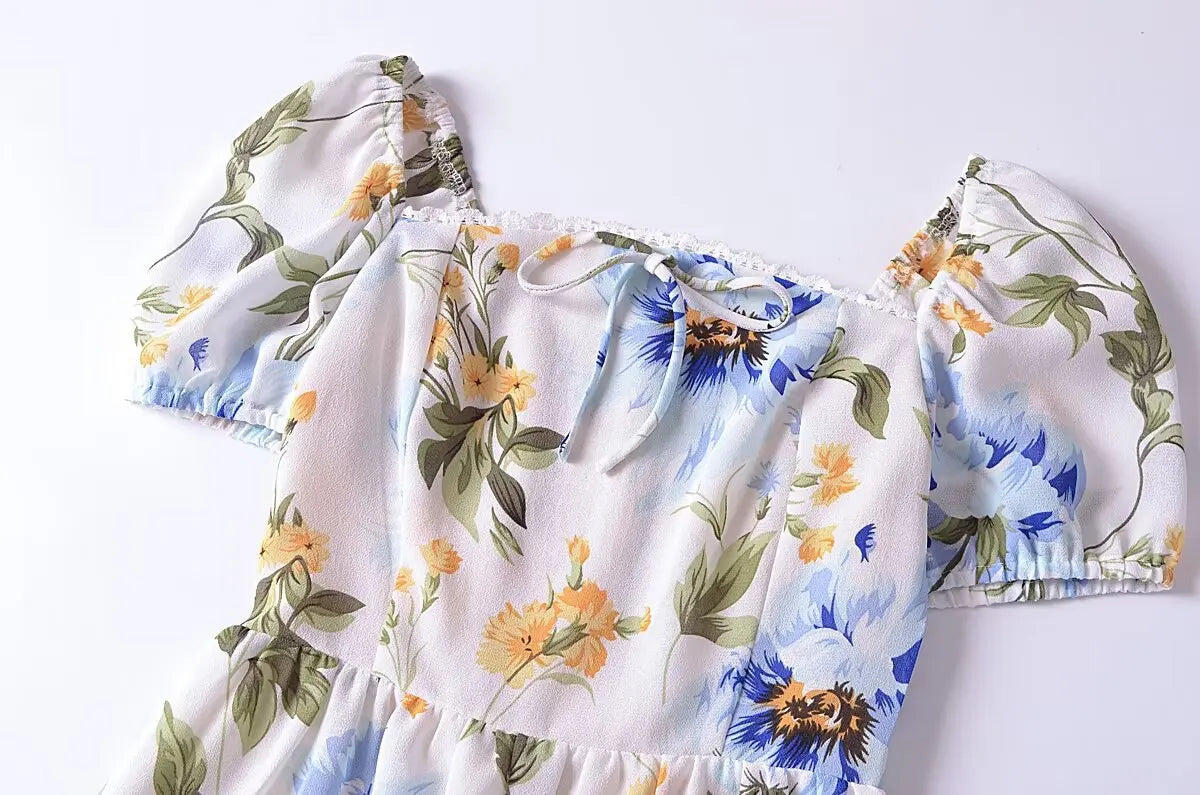 LIZAKOSHT  -  Europe and America 2024 Summer New French Retro Floral Lace Tie Bow Short Sleeve Dress