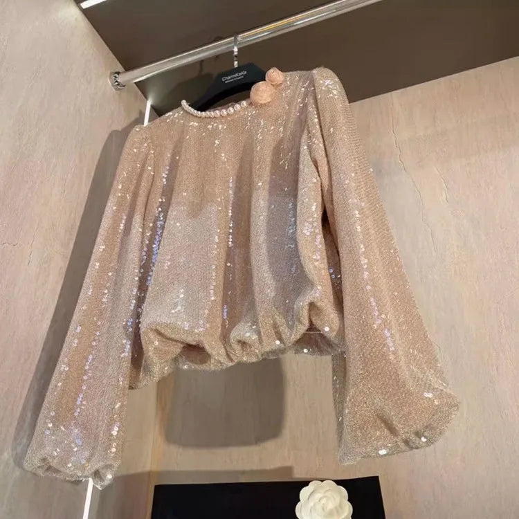 LIZAKOSHT  -  Elegant O-neck Long Sleeve Pink Bloues Spring Autumn New Loose Shirts Women Fashion All-match 3D Pearl Blusas Mujer