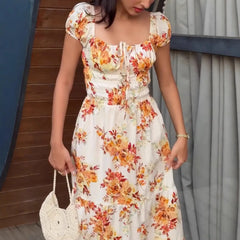 LIZAKOSHT  -  Floral Print Long Dress Women Y2K Square Neck Waist Cinching Spring European American Gentle Pastoral Style Maxi Dress