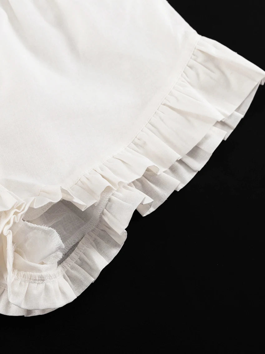 LIZAKOSHT  -  White Summer Ladies Sleepwear Suit Strap Pajamas Square Collar Nightie Lace Up Nightgowns Shorts Casual Nightwear Set