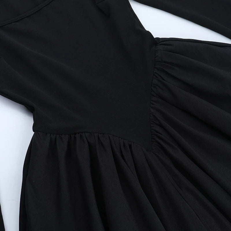 LIZAKOSHT  -  Classic Black Princess Fluffy Dress For Women Elegant Crew Neck Long-sleeved High Waist Pleated Mini Gowns Party Streetwear