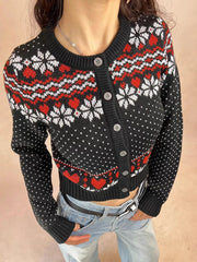 LIZAKOSHT  -  Geometric Jacquard Sweater Cardigan Woman O-neck Long Sleeve Slim Crop Top Female Casual Vintage Sweet Sweaters Autumn New Coat