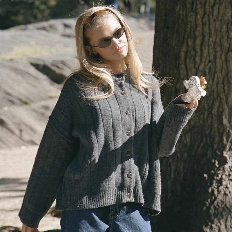 LIZAKOSHT  -  Chic Solid Sweater For Women O-neck Full Sleeve Loose Single Breasted Short Cardigan 2025 Autumn Female Daily Casual Outerwear