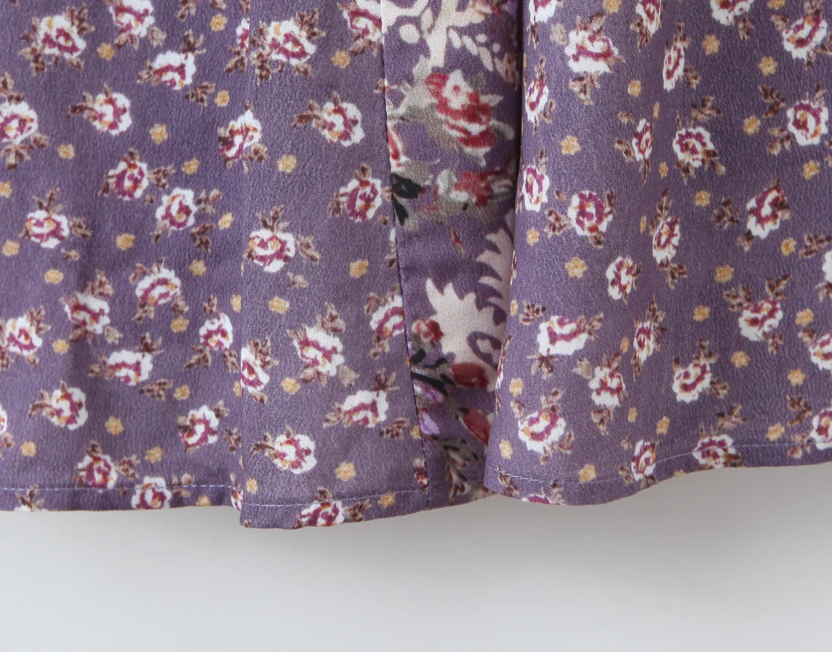 LIZAKOSHT  -  Holiday Purple Paisley Floral Print Sling Dress Women Bow O neck Cross bandage Back Zipper Low Waist Swing Dresses Vestidos Robe