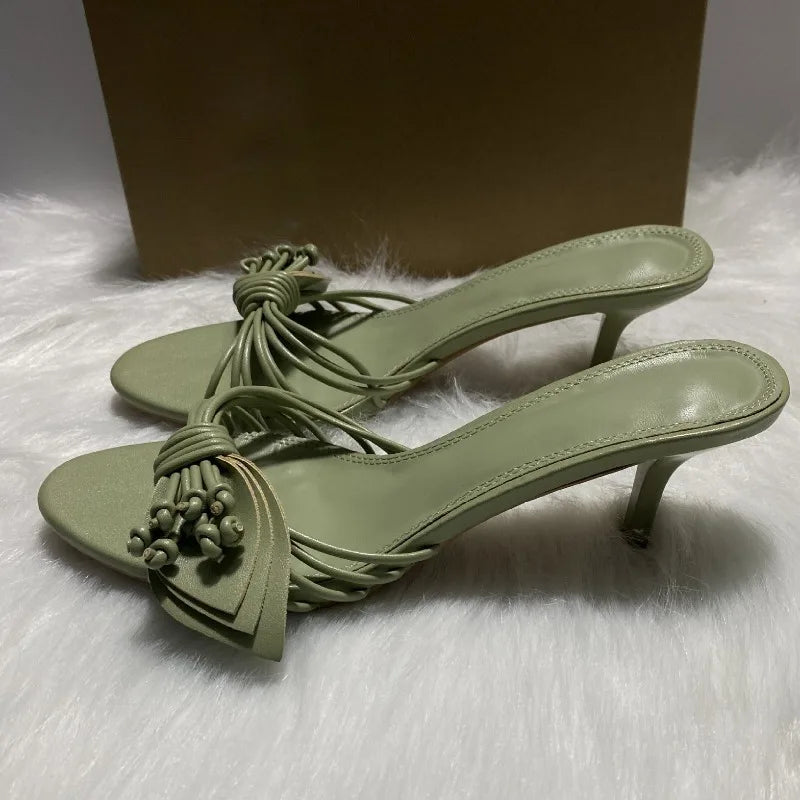 LIZAKOSHT  -  Green Leaf Narrow Band Women Gladiator Sandals Brand Design Summer Open Toe High Heels Mules Hollow Out Daily Ladies Party Shoes