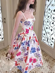 LIZAKOSHT  -  French Sweet Romantic Floral Print Cami Dress Women Summer New Vintage Vacation Style Slim Fit A-Line Midi Dress Elegant Outfits