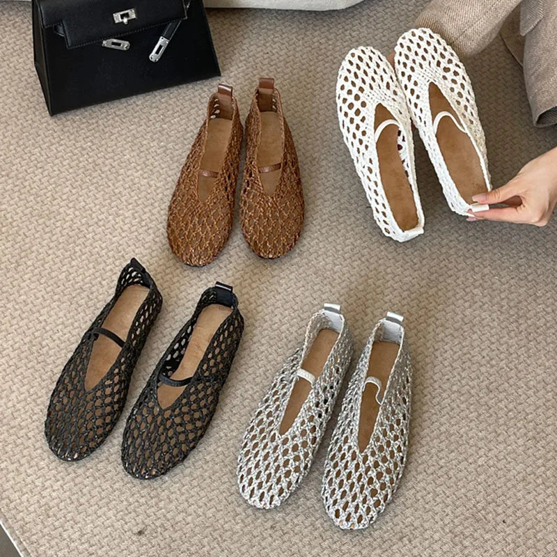 LIZAKOSHT  -  Summer Fashion Round Toe Weave Mesh Hollow Flat Women Loafers Slip On Female Casual Beach Shoes Sandals Zapatos De Mujer