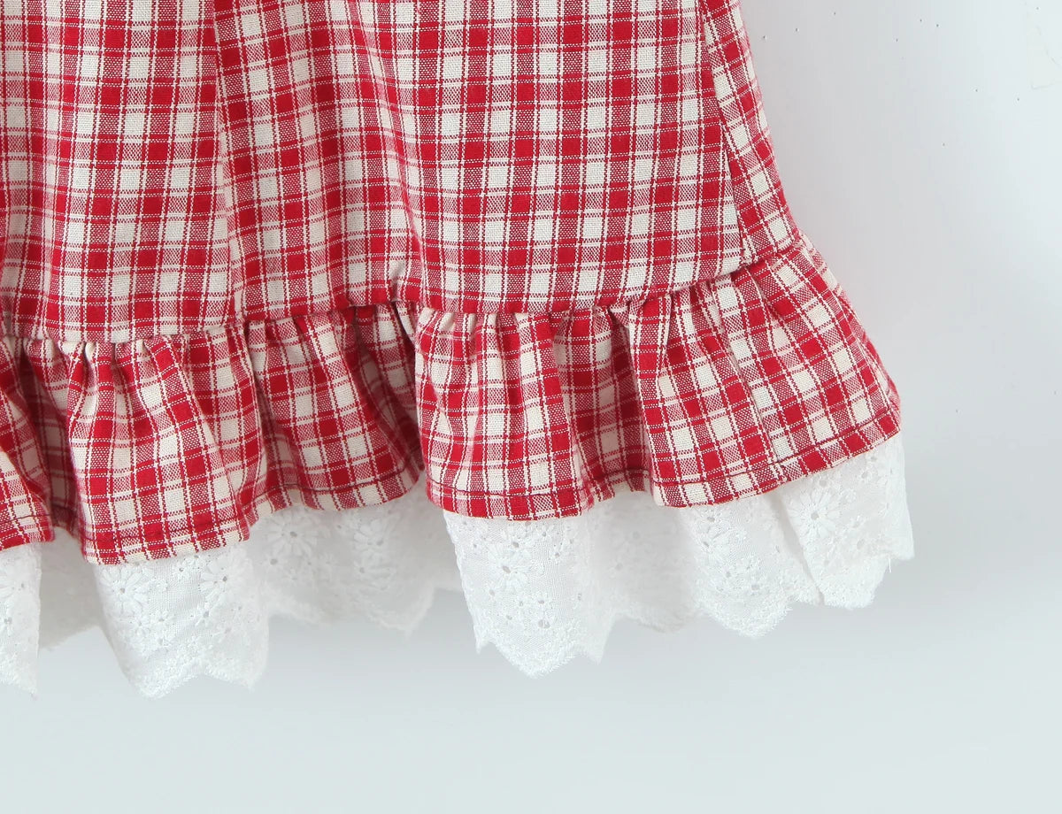 LIZAKOSHT  -  Sexy Red White Plaid Spliced Lace Lacing Up Bow Halter V Collar Mini Dress Women Ruffles Hem A-line Short Dresses Robe Vestidos